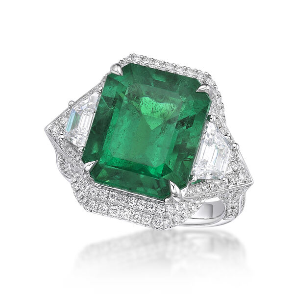 Emerald and Diamond Halo Ring in White Gold